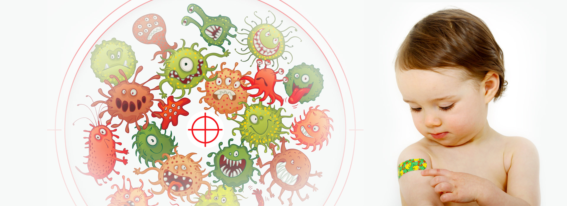 Virusus vaizduojančios ikonėlės ir mažylis su pleistru ant peties